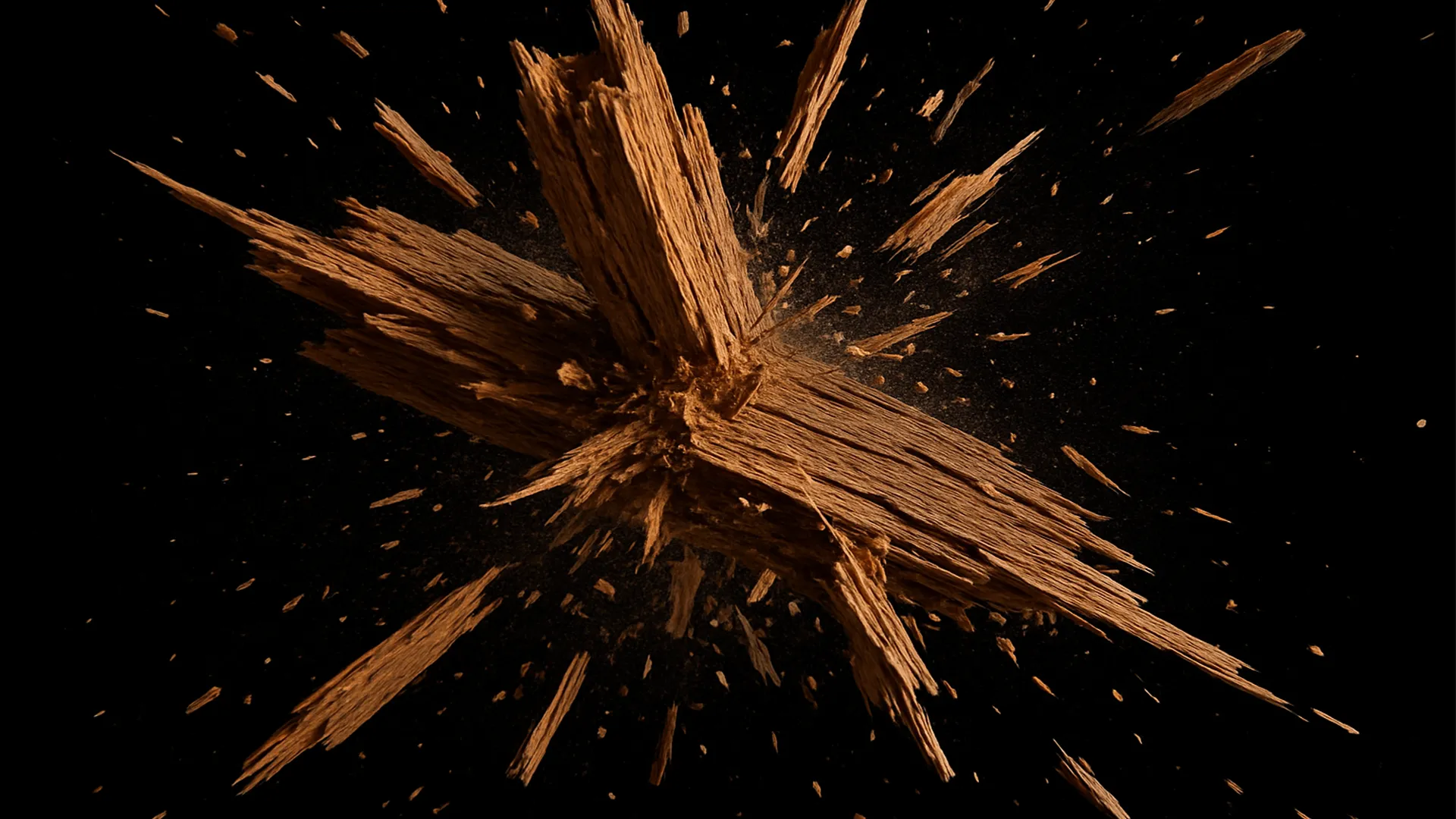 Zu sehen ist eine Explosion von Holzstücken in einer wunderschönen Wolke von Holzsplittern.