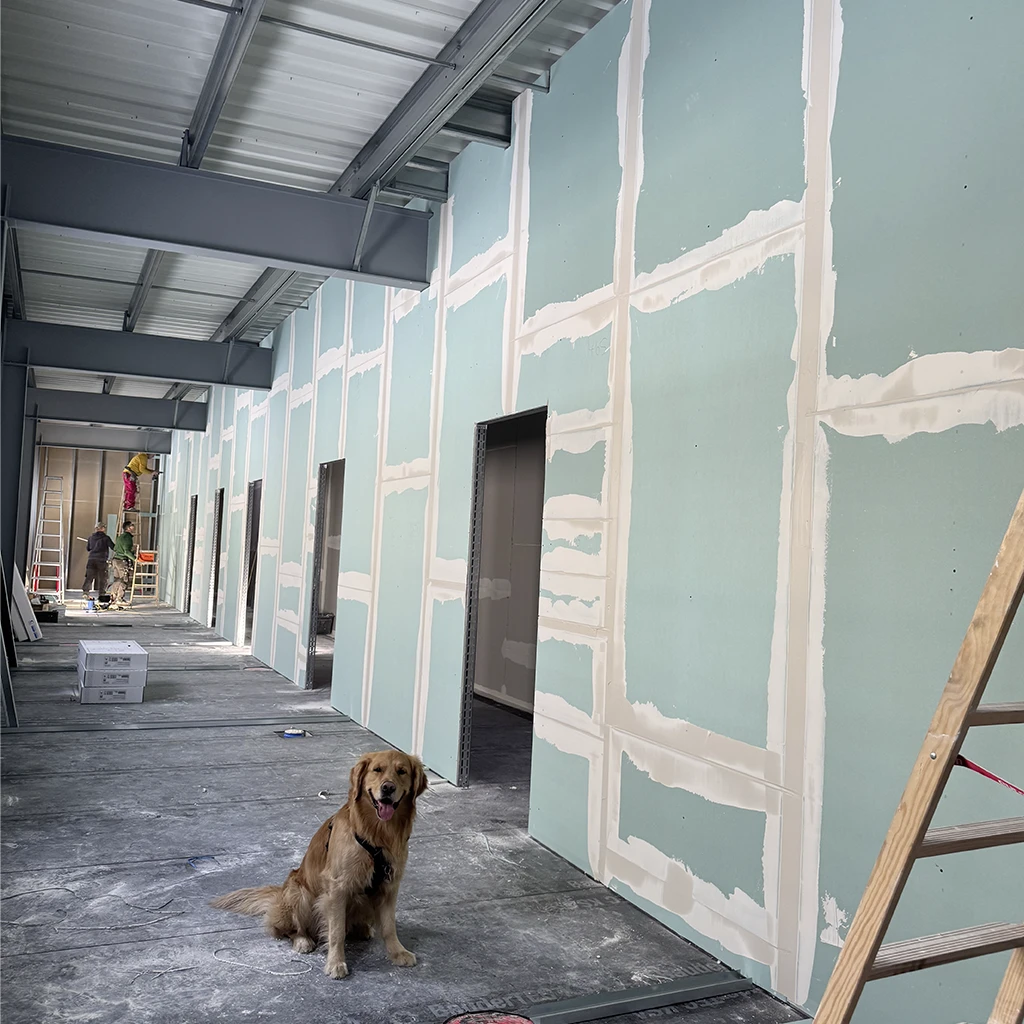 Trockenbau-Innenausbau mit verspachtelten Gipskartonwänden und Türöffnungen in einer Gewerbehalle